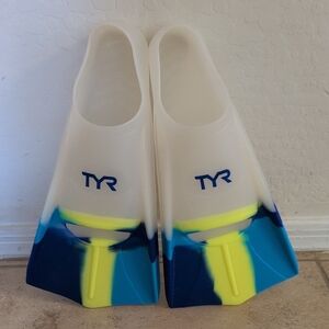 TYR Stryker Silicone Swim Fins with Blue Yellow Clear Design - Size M